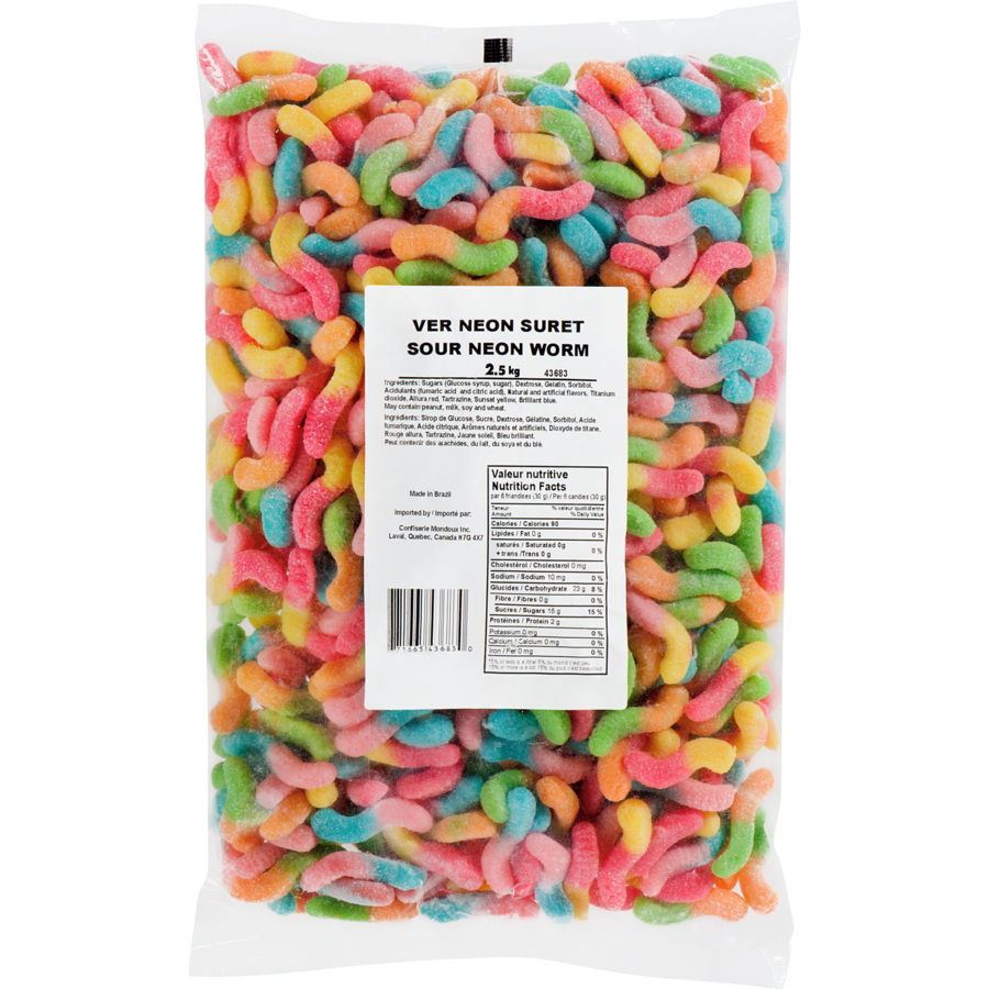 Mondoux - Sour Neon Worms Gummy Candy - 2.5 kg - Canadian Distribution