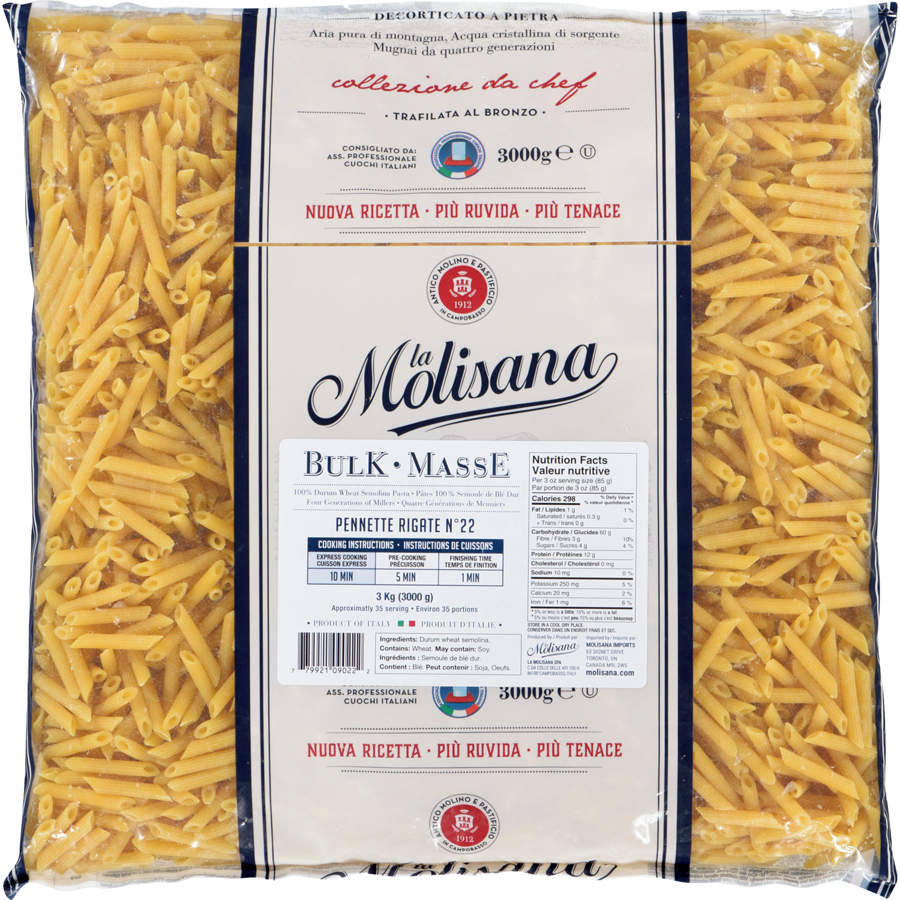 Molisana - 100% Durum Wheat Semolina Pasta Pennette Rigate N°22 - 3000 g - Canadian Distribution