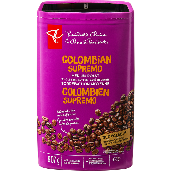 President's Choice - PC® Colombian Supremo Medium Roast Whole Bean Coffee - 907 g - Canadian Distribution