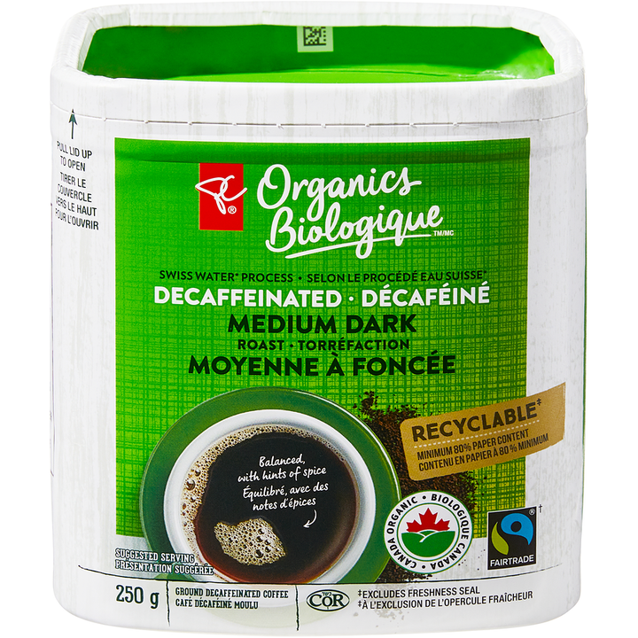 PC Organics - PC® Organics Swiss Water® Process Decaffeinated Medium Dark Roast Ground Coffee - 250 g - Canadian Distribution