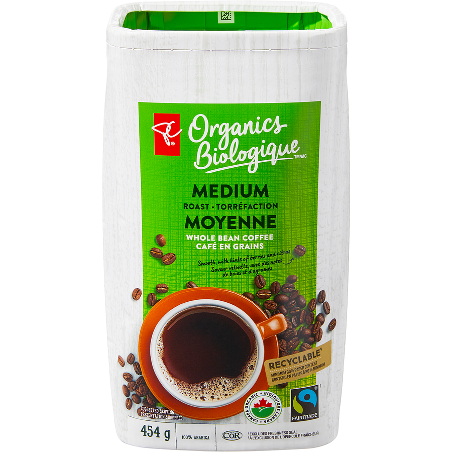 PC Organics - Medium Roast Whole Bean Coffee - 454 g - Canadian Distribution