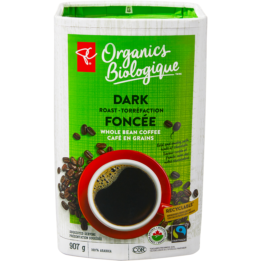 PC Organics - Dark Roast Whole Bean Coffee - 907 g - Canadian Distribution