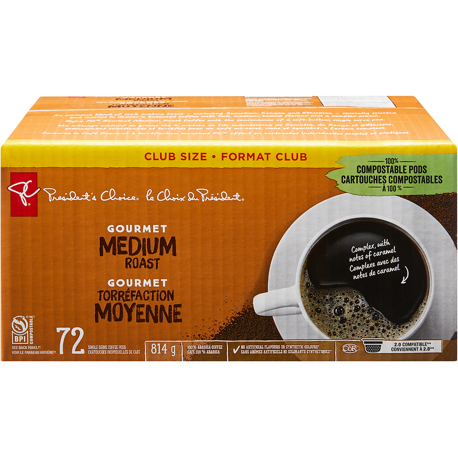 President's Choice - PC® Gourmet Medium Roast Single Serve Coffee Pods - 72 each - Canadian Distribution