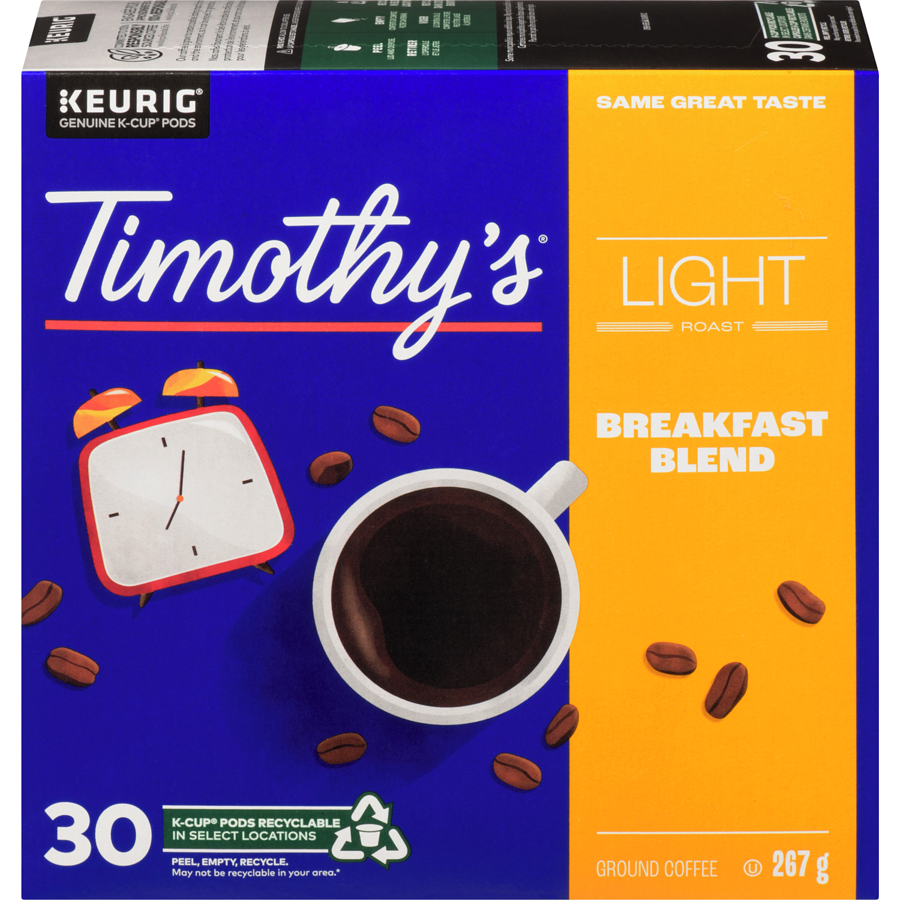 Timothy's - Breakfast Blend, Light Roast, K-Cup Coffee Pods, 30 Count - 30 each - Canadian Distribution