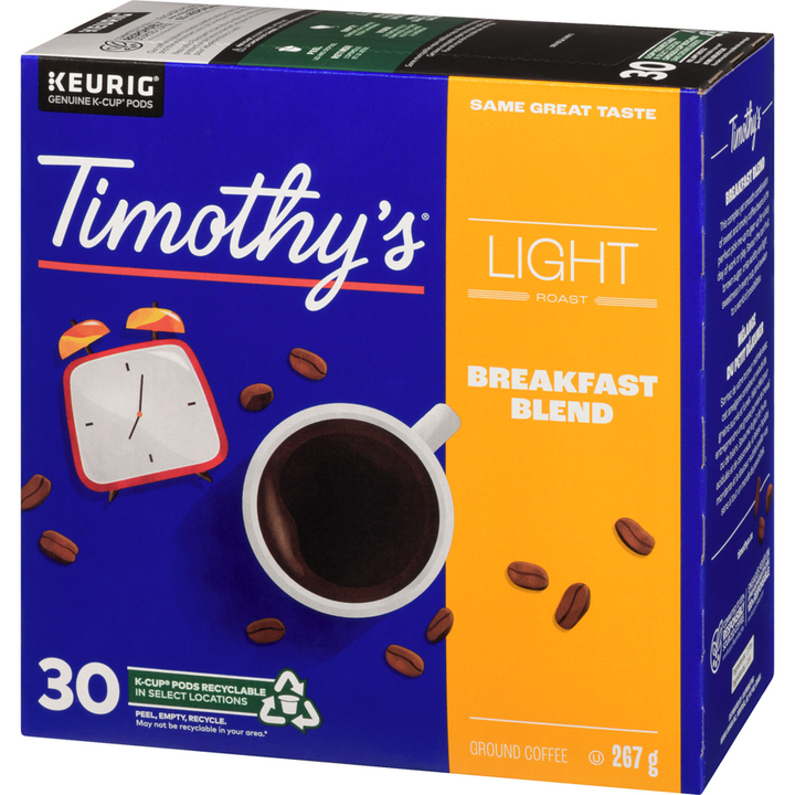 Timothy's - Breakfast Blend, Light Roast, K-Cup Coffee Pods, 30 Count - 30 each - Canadian Distribution