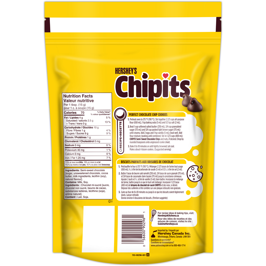 Hershey's - Chipits Pure Semi-Sweet Chocolate Chips, 925G - 925 g - Canadian Distribution