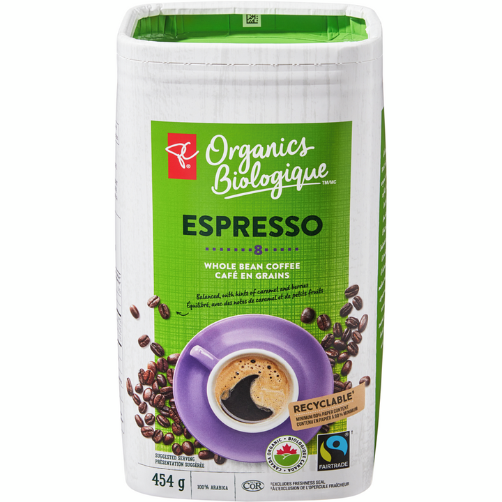 PC Organics - Espresso Whole Bean Coffee - 454 g - Canadian Distribution