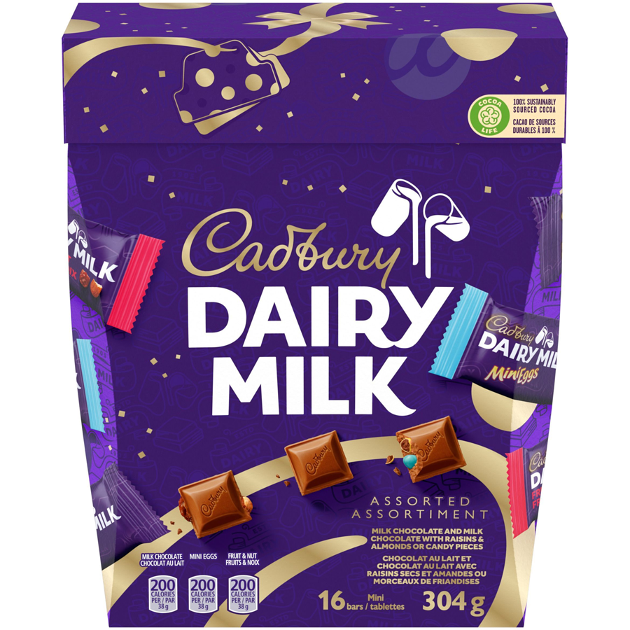 Cadbury - Dairy Milk, Assorted Gift Box, Chocolate, Mini Bars, (16 x 19 g Bars) - 304 g - Canadian Distribution