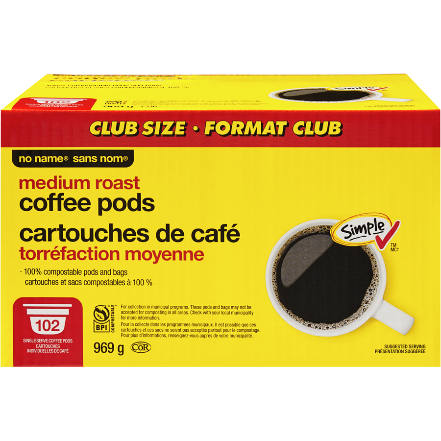 No Name - Medium Roast Coffee Pods Club Size - 102 each - Canadian Distribution