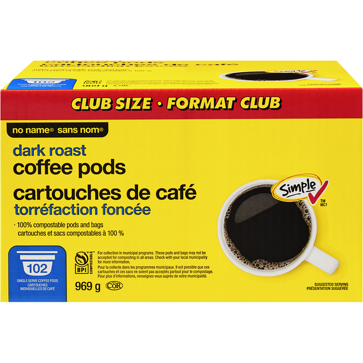 No Name - Dark Roast Coffee Pods Club Size - 102 each - Canadian Distribution