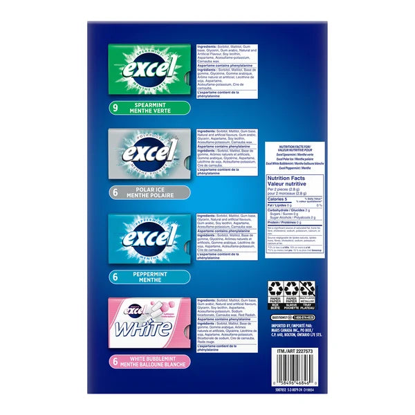 Sugar-free Variety Packs Gum - 108 x Packs of 12 - Excel - Canadian Distribution - Ships Free Within Canada on Orders Above CAD $199