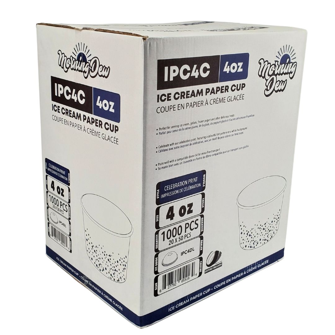 Box of Ice Cream Paper Cups with branding and specifications