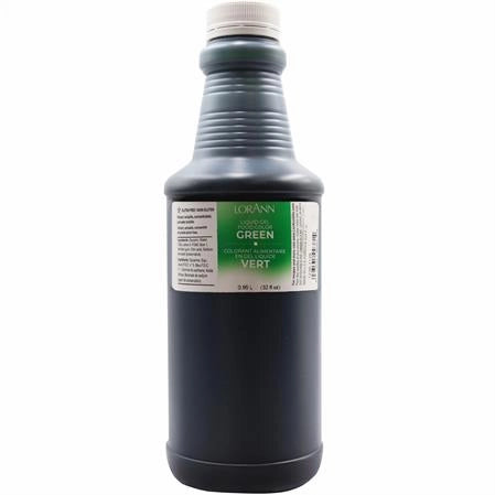 32oz Bottle of LorAnn Green liquid gel food coloring on a white background