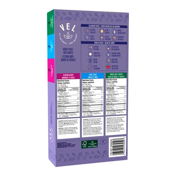 cereal bar - 84 x 40 g - Vel - Canadian Distribution - Ships Free Within Canada on Orders Above CAD $199