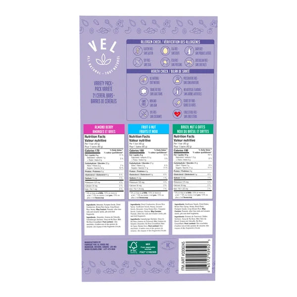 cereal bar - 84 x 40 g - Vel - Canadian Distribution - Ships Free Within Canada on Orders Above CAD $199