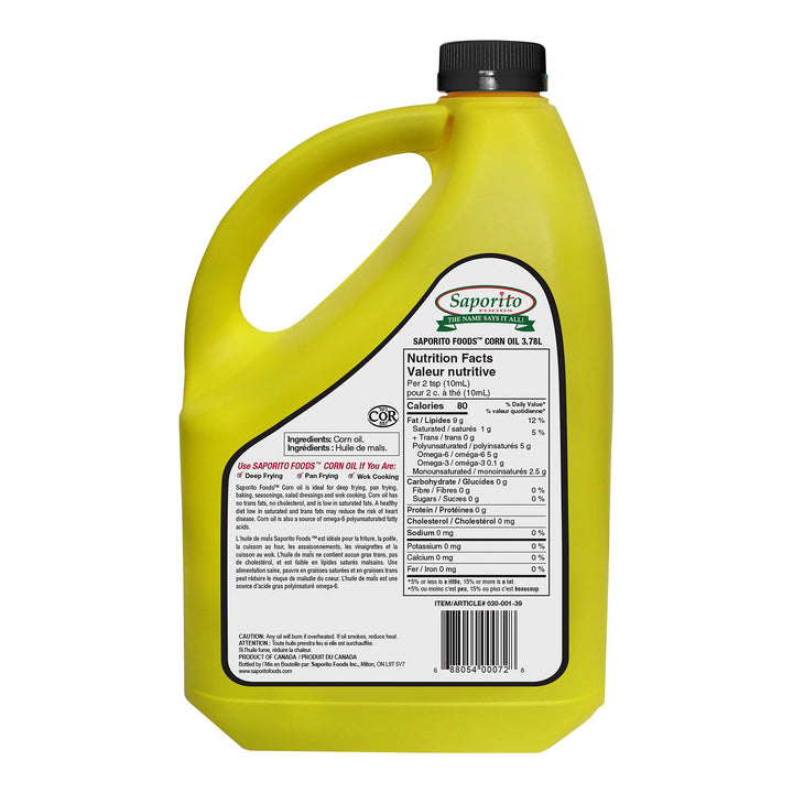 Saporito Corn Oil - 4 x 3.78 L - Grocery and Food Items - Canadian Distribution - Ships Free Within Canada on Orders Above CAD $199