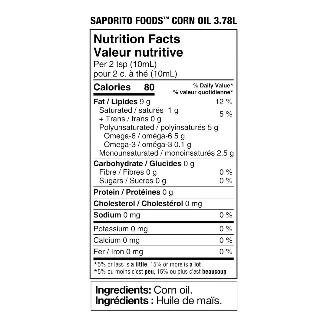 Saporito Corn Oil - 4 x 3.78 L - Grocery and Food Items - Canadian Distribution - Ships Free Within Canada on Orders Above CAD $199