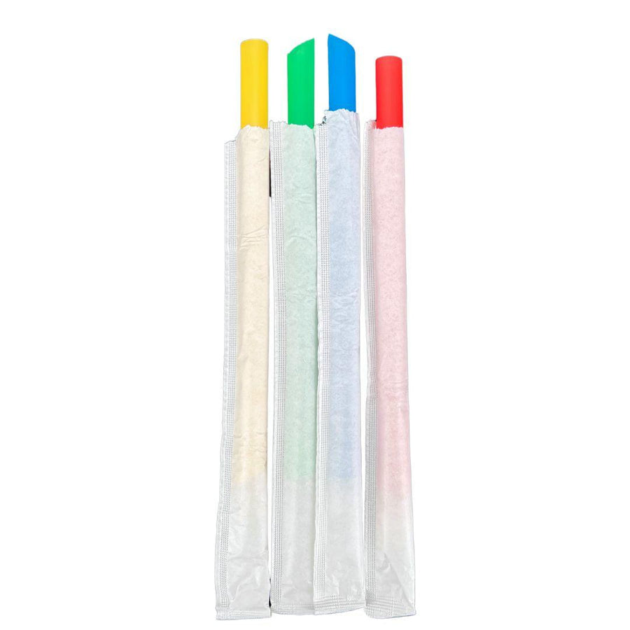 Value+ - 8" - Case of 1000 Assorted Colours Plastic Straws- Bubble Tea- Sharp End - Paper Wrapped - 12 mm