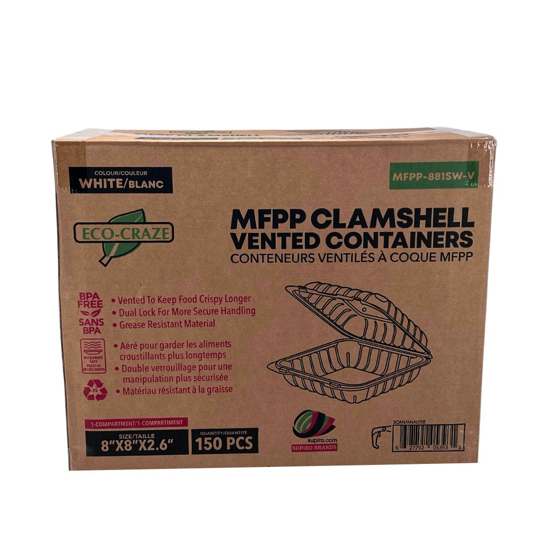 Eco-Craze - MFPP Clamshell Container - 8x8x2.8"- 1 Compt - White