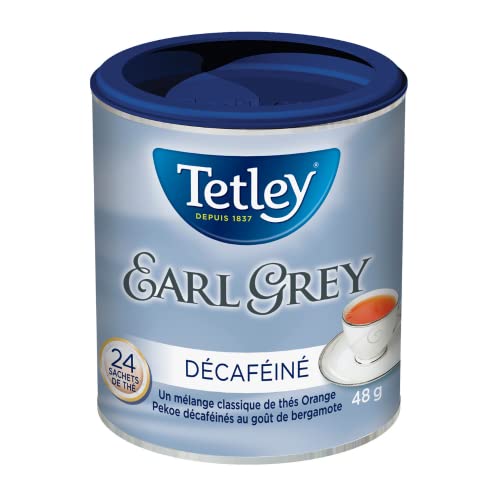 Tetley Earl Grey Decaffeinated Black Tea – Bergamot-Infused Orange Pekoe, 24 Tea Bags per Box, 48g, Kosher & Rainforest Alliance Certified (6-Pack) - Canadian Distribution - Ships Free Within Canada on Orders Above CAD $199