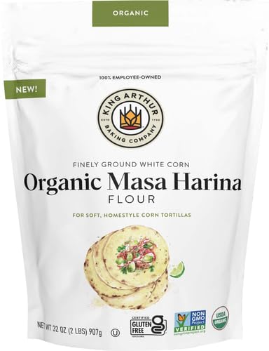 Bag of King Arthur Organic Masa Harina Flour with tortilla image on a white background