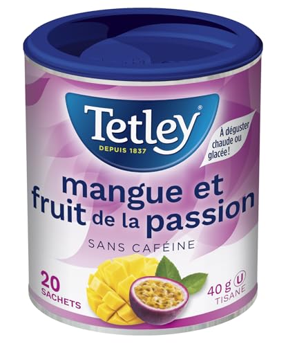 Tisane Tetley Mangue Fruit de la Passion, Tisane aux fruits sans caféine, 20 sachets (40g), Mélange mangue douce et fruit de la passion acidulé, Certifié Kasher - (Paquet de 6)