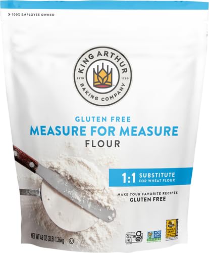 King Arthur Gluten Free Measure for Measure Flour packaging with a scoop of flour on a white background.