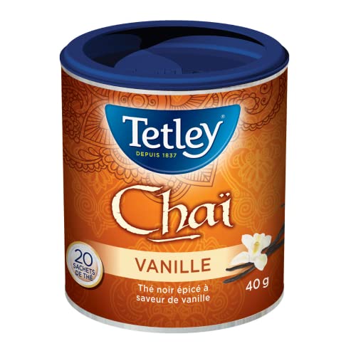 Tetley Vanilla Chai Black Tea – Spiced Blend with Vanilla, 20 Tea Bags per Box, 40g, Caffeinated, Kosher Certified – 6-Pack Bundle - Canadian Distribution - Ships Free Within Canada on Orders Above CAD $199
