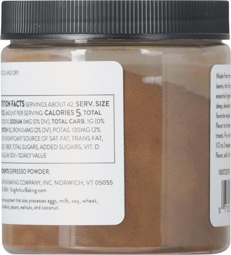 Jar of espresso powder with a label showing nutritional information and brand details.