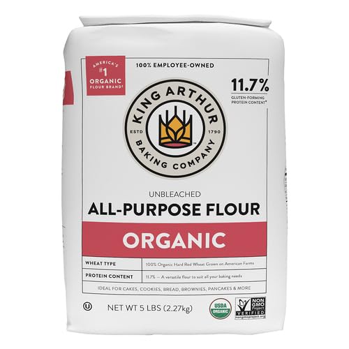 Bag of King Arthur Baking Company organic unbleached all-purpose flour on a white background