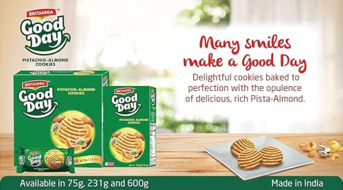 BRITANNIA Good Day Pistachio-Almond Cookies Family Pack – 8 x 75g Packs (Total 600g) Pack of 8 | Family Favorite School Snacks | Perfect for Breakfast or Lunch - Canadian Distribution - Ships Free Within Canada on Orders Above CAD $199