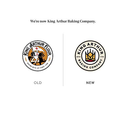 Comparison of King Arthur Flour logo on the left and King Arthur Baking Company logo on the right with text 'We're now King Arthur Baking Company'.