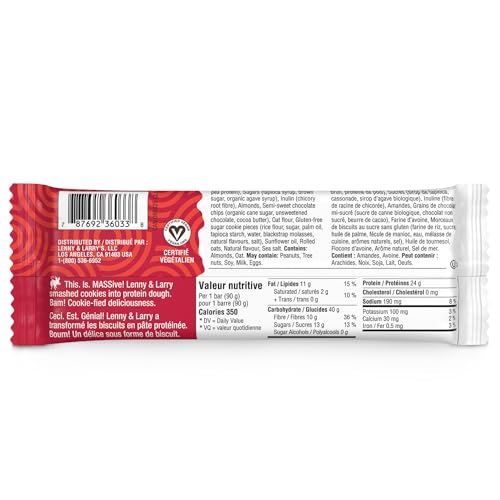 Lenny & Larry's Cookie-fied BIG BAR – Chocolate Chip Cookie Dough Vegan Protein Bars (12 x 90g) – 24g Plant Protein, 10g Prebiotic Fiber, Gluten-Free Snack - Canadian Distribution - Ships Free Within Canada on Orders Above CAD $199