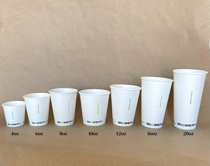 White Bioserv Single Wall Hot Cup - 4/6/8/10/12/16/20 oz - 1000cs BPI