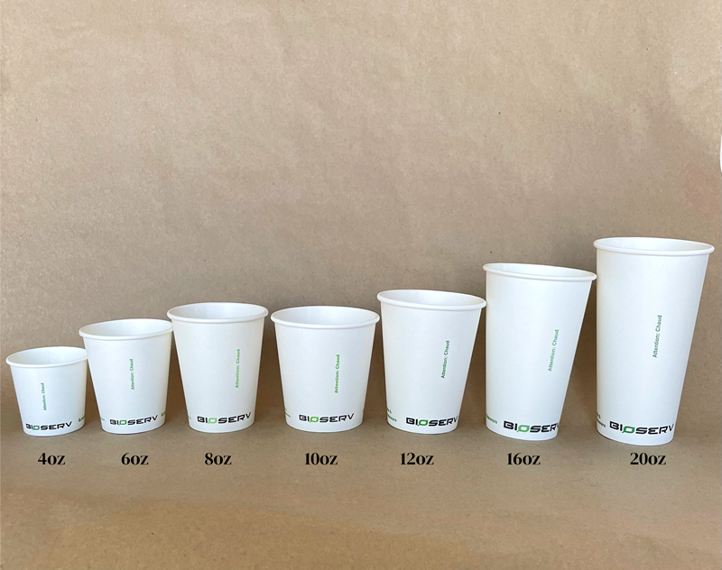 White Bioserv Single Wall Hot Cup - 4/6/8/10/12/16/20 oz - 1000cs BPI