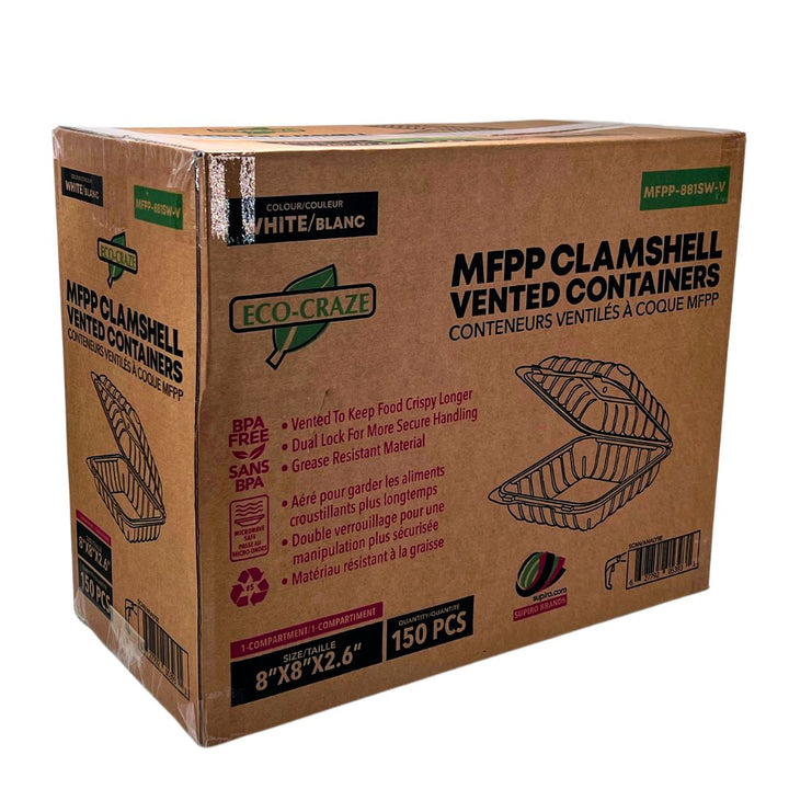 Eco-Craze - MFPP Clamshell Container - 8x8x2.8"- 1 Compt - White