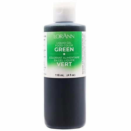 4oz Bottle of Loránn green liquid gel food color on a white background