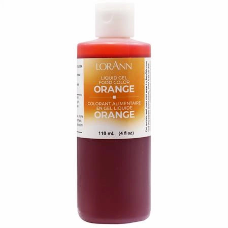 Bottle of 4oz LorAnn orange liquid gel food color on a white background - fun foods canada