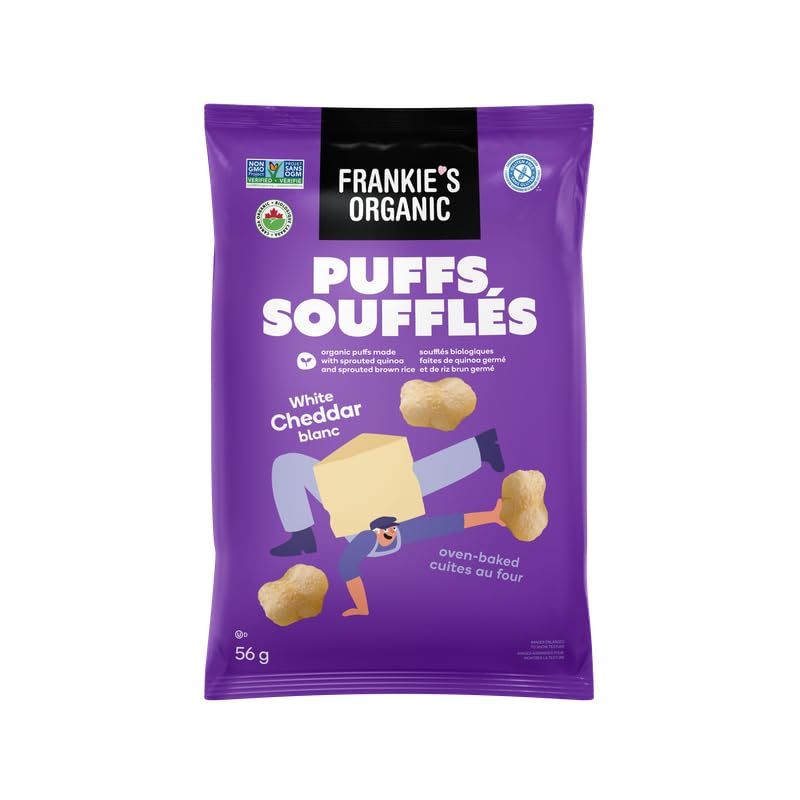 Frankie's Organic White Cheddar Puffs – 36-Pack Single-Serve Bags (56g Each | 2.016kg Total) – Baked, Gluten-Free, Non-GMO, Sprouted Grains - Canadian Distribution - Ships Free Within Canada on Orders Above CAD $199