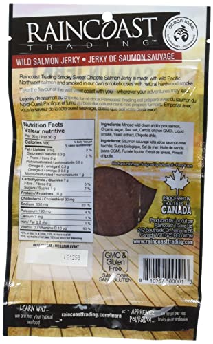 RAINCOAST TRADING CO Smoky Sweet Chipotle Wild Salmon Jerky, 2 x 50g - Canadian Distribution - Ships Free Within Canada on Orders Above CAD $199