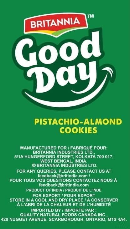 BRITANNIA Good Day Pistachio-Almond Cookies Family Pack – 8 x 75g Packs (Total 600g) Pack of 8 | Family Favorite School Snacks | Perfect for Breakfast or Lunch - Canadian Distribution - Ships Free Within Canada on Orders Above CAD $199