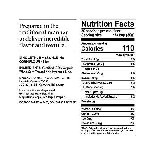 Nutrition facts label for King Arthur Masa Harina corn flour with ingredients and contact information.