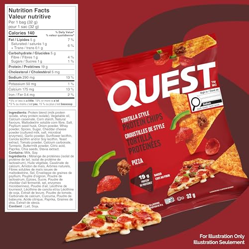 Quest Pizza Flavoured Tortilla Style Protein Chips, High Protein, Gluten Free, 8ct - Canadian Distribution - Ships Free Within Canada on Orders Above CAD $199