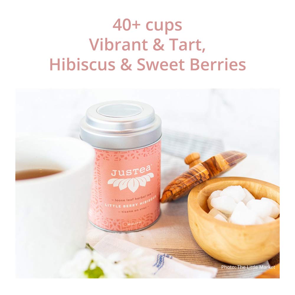 JusTea Little Berry Hibiscus Loose Leaf Herbal Tea | 90g Tin with Carved Spoon | 40+ Cups | Caffeine-Free | Fair Trade & Organic - Canadian Distribution - Ships Free Within Canada on Orders Above CAD $199