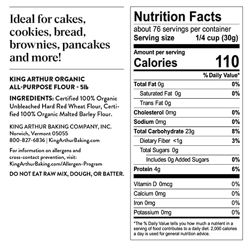 Nutrition facts label for King Arthur Organic All-Purpose Flour with ingredients list and serving size details.
