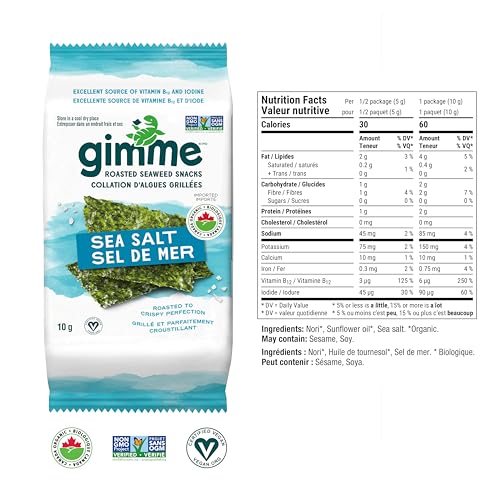 gimMe Organic Roasted Seaweed Snack - Sea Salt - 2 x 10g - Canadian Distribution - Ships Free Within Canada on Orders Above CAD $199