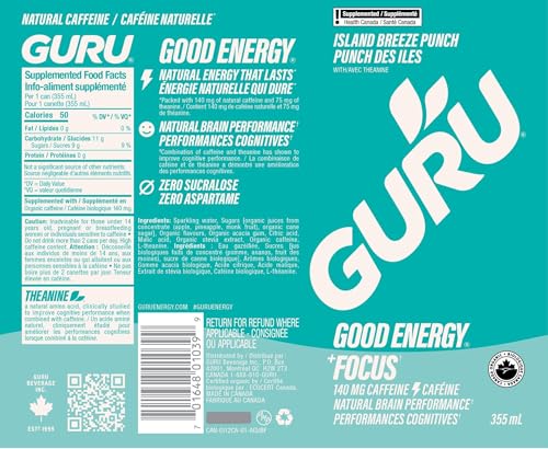 GURU – Organic Energy Drinks – Variety Pack – 24 × 355 ml – 140mg Caffeine
