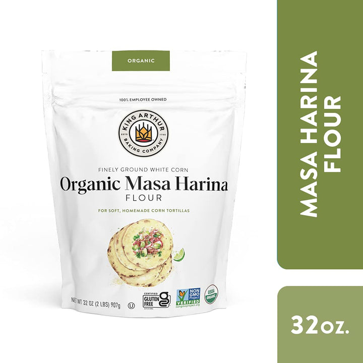 Bag of King Arthur Organic Masa Harina Flour with branding and product details on a white background.