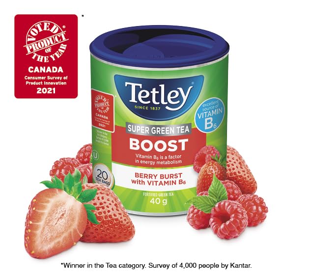 Tetley Super Green Tea Boost Berry Burst – Raspberry & Strawberry Flavored Green Tea, 20 Tea Bags per Box, 6-Pack Bundle, Kosher Certified - Canadian Distribution - Ships Free Within Canada on Orders Above CAD $199
