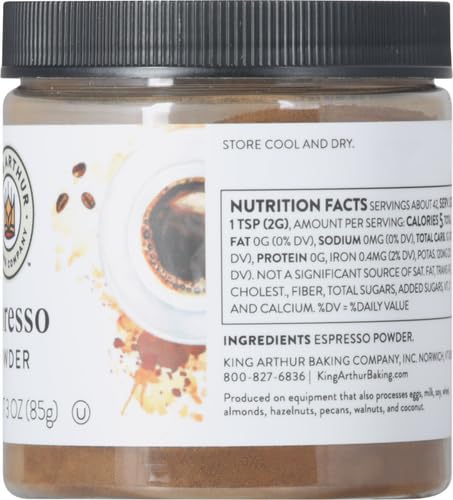 Jar of King Arthur Espresso Powder with nutrition facts label